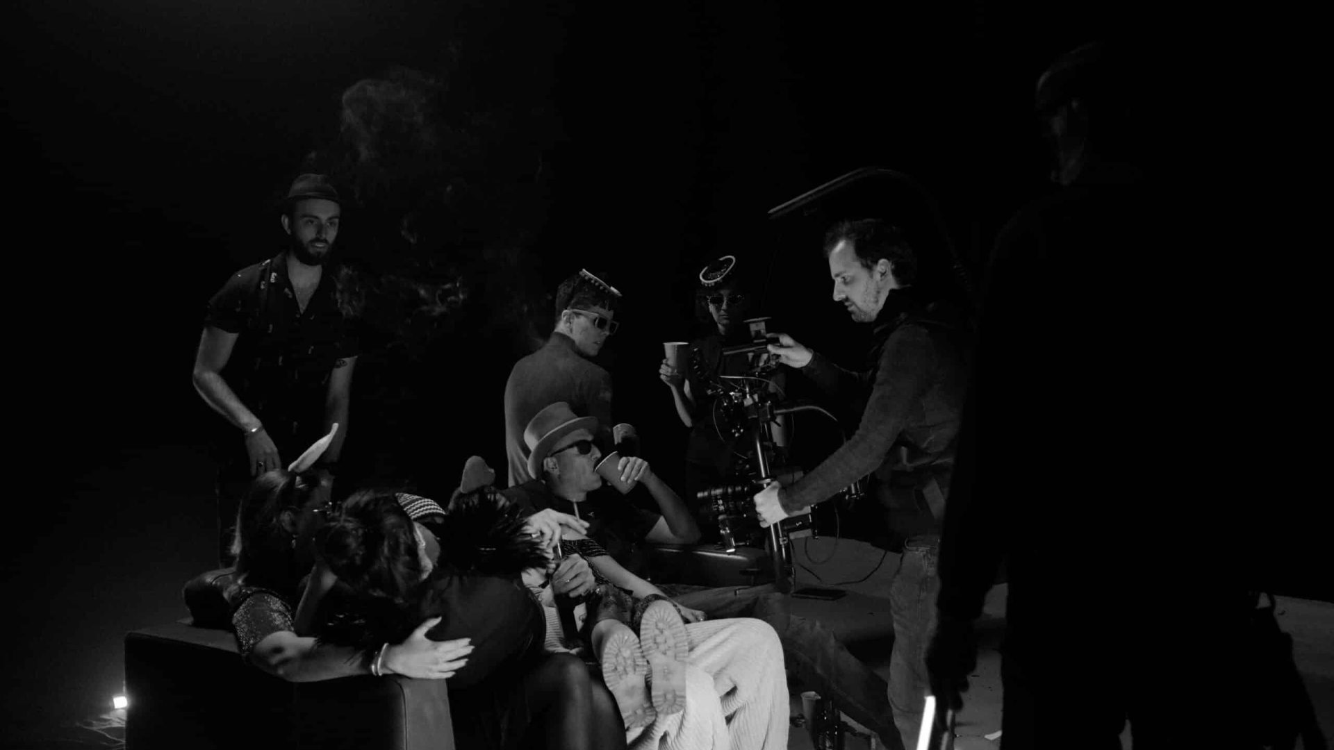 Creative video production team working on a film set.