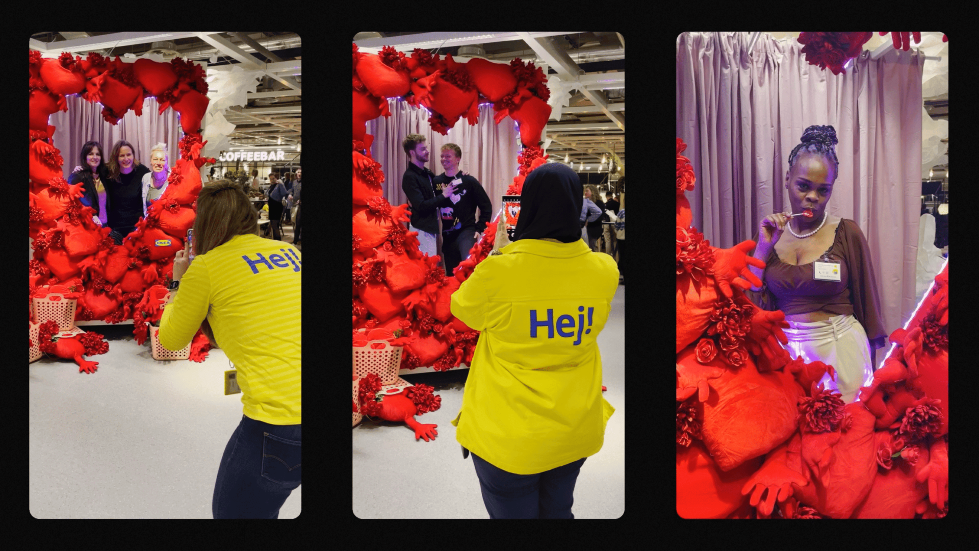 People enjoying a Valentine's Day themed photo booth with red heart decorations.